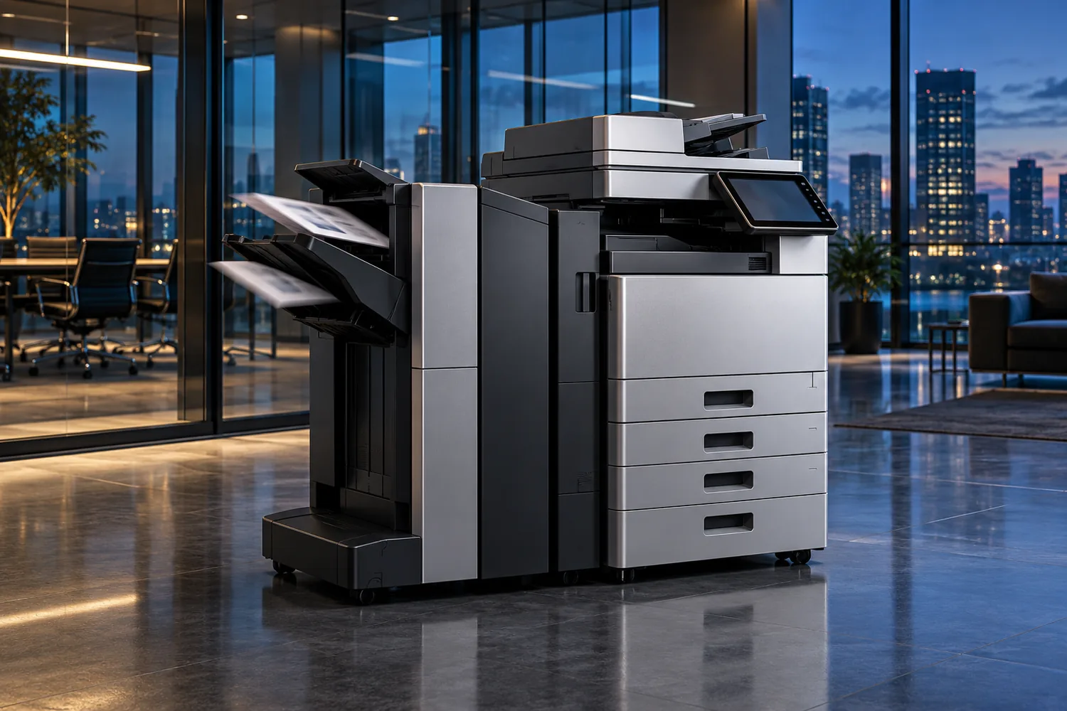 Modern enterprise multifunction copier with finishing trays in a refined corporate office