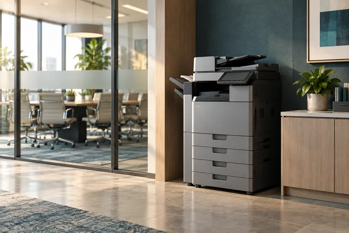 Floor-standing enterprise copier in a glass-walled corporate office
