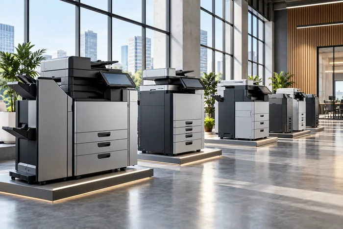 A curated row of enterprise multifunction copiers in a showroom