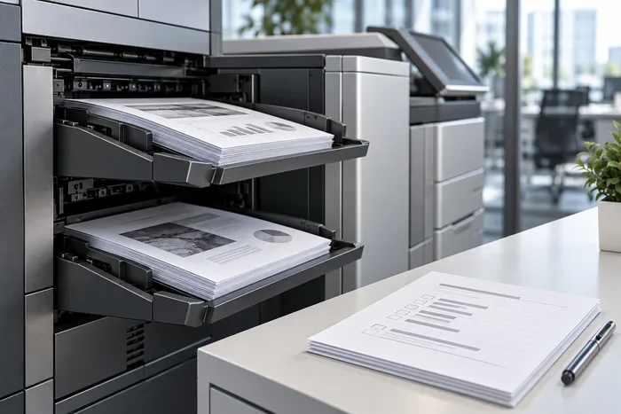 Detailed copier output trays and a document evaluation sheet
